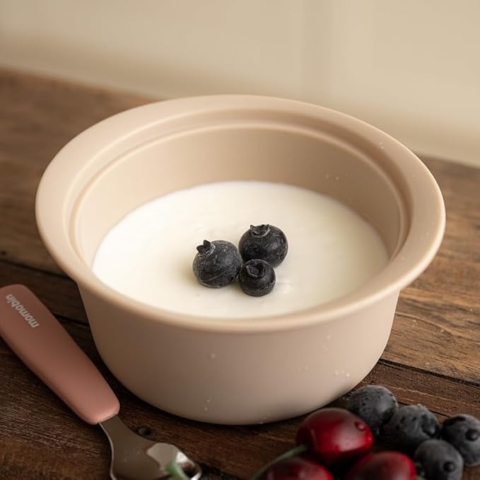 Microwave Silicone Steamer for Baby Food, Made In Korea, Oven & Dishwasher Safe to 482ยฐF, Easy Clean, Microwave Pot with Handle & Lid, 100% Food Grade Steamer Bowl (Creme Brulee, 550ml + 800ml set)