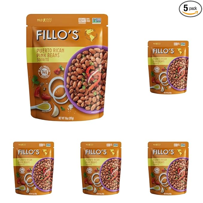 Fillo's Puerto Rican Pink Beans, Ready to Eat Sofrito Beans, 10 oz Pk of 1, Gluten-Free, Preservative-Free, Microwavable Meals, Non-GMO, Vegan, Plant Protein (Pack of 5)