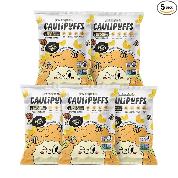 CauliPuffs - Corn, Rice, and Cauliflower Gluten Free Puffed Snack (5 x 3.0oz Bags, Honney BBQ)