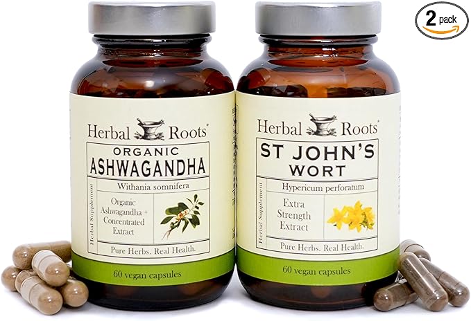 Herbal Roots Mood Duo, Organic St. John's Wort and Ashwagandha Supplement, Natural Mood Support, Non-GMO