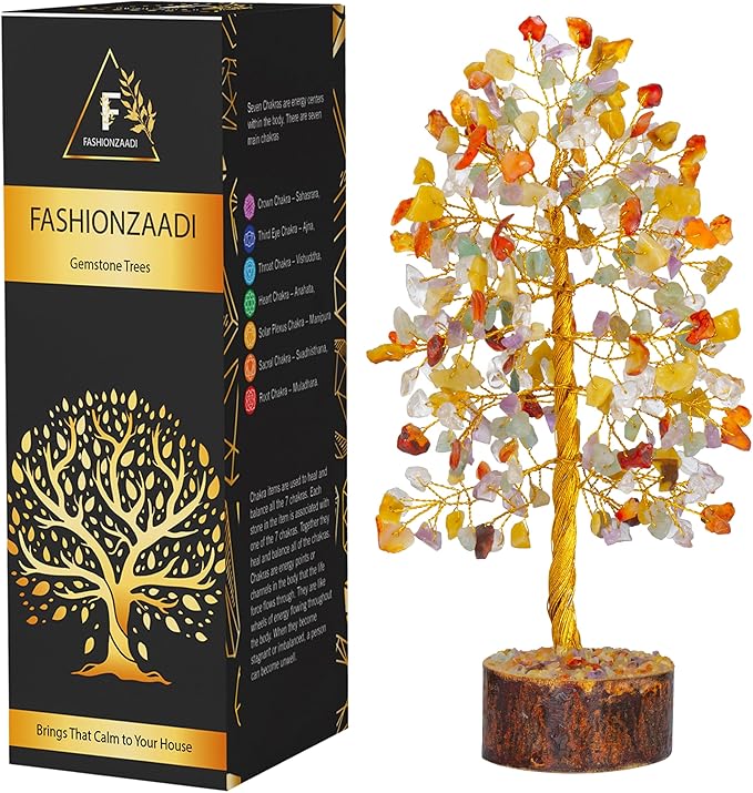 FASHIONZAADI Gemstone Money Tree Reiki Healing Chakra Balancing Handmade Bonsai Trees Spiritual Gift Aura Cleansing Good Luck Home Decor (Mix Chakra Golden Wire)