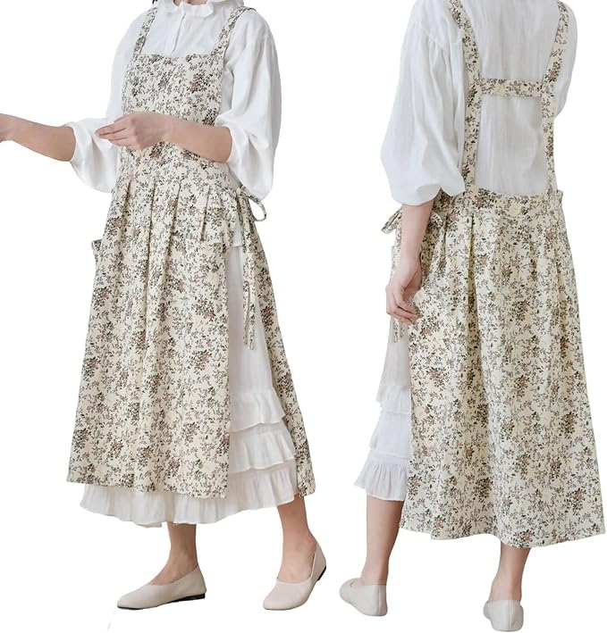 Pinafore Apron Dress,Japanese Cotton Linen Cross Back Apron for Women with Pockets,Pinafore Dress with Waist Ties (White flower)