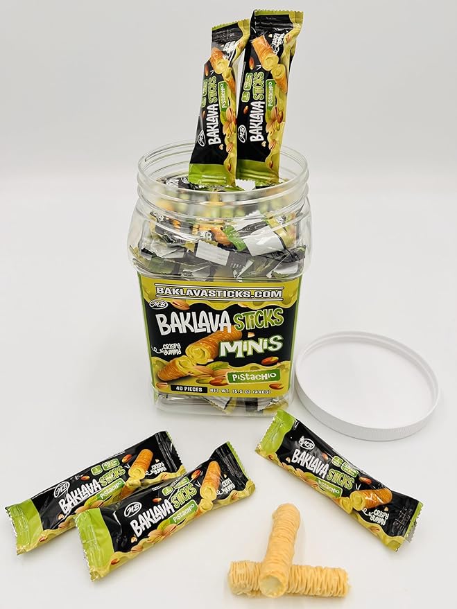 Baklava Sticks Minis, Pistachio Cream Crispy Phyllo Dough, 15.6 oz (40 Pieces) (FULL JAR 40 minis, Pistachio)