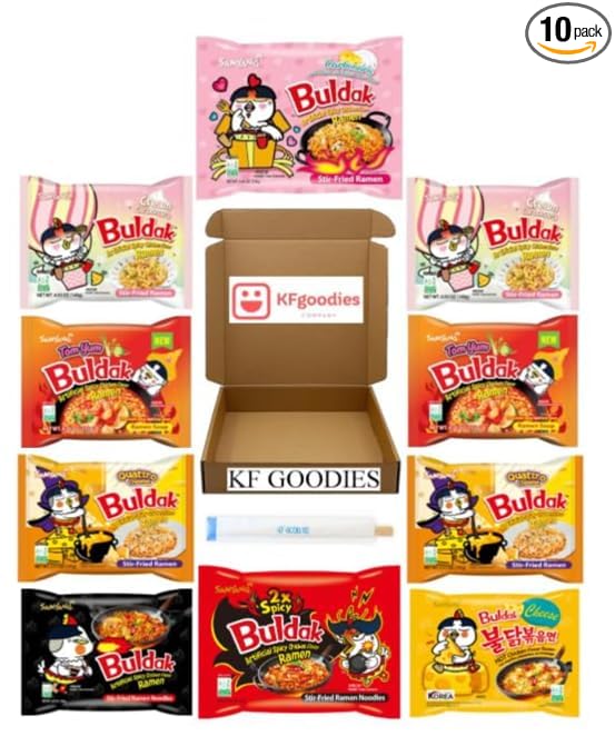 Samyang Buldak Hot Spicy Chicken Ramen Noodle Korean Stir-Fried Ramen (10, 2 Cream Carbonara, 2 Quattro Cheese, 2 Tom Yum, Cheese, 2X, Carbonara, Original)