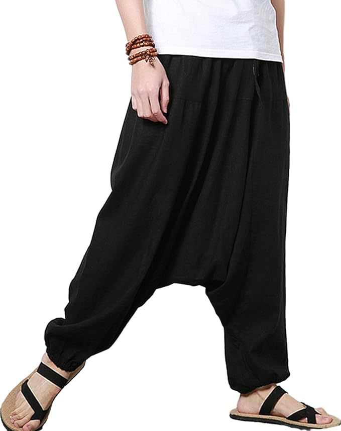 AITFINEISM Men's Drawstring Aladdin Hippie Harem Pants Loose Drop Crotch Trousers