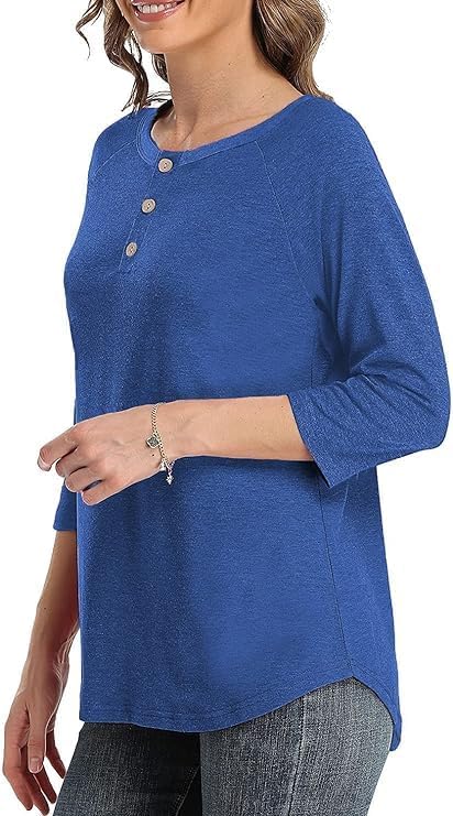 3/4 Sleeve Shirts for Women Crewneck Button Down Tunic Tops Raglan T Shirt