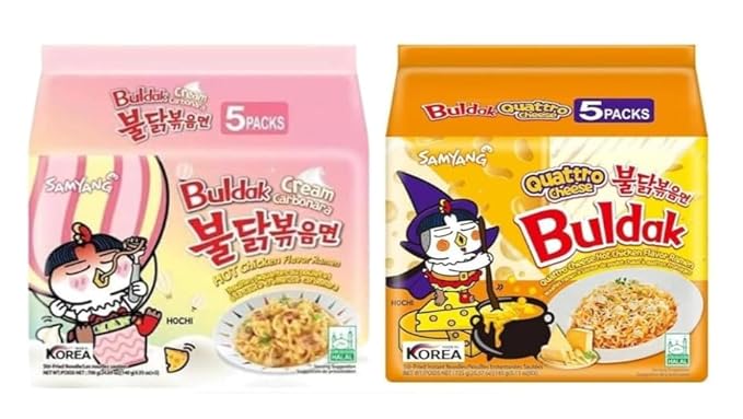 Samyang Buldak Hot Spicy Chicken Ramen Noodle Korean Stir-Fried Ramen, Cream Carbonara & Quattro Cheese Flavor (5 Pack Each)