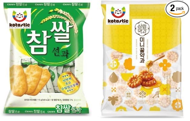 [KOTASTIC] Korean Rice Crackers Snack 115g 참쌀선과, Yakgwa Korean Honey Cookies 200g 미니꿀 약과 과자 (Rice Crackers & Yakgwa) (Large, Rice and Honey)