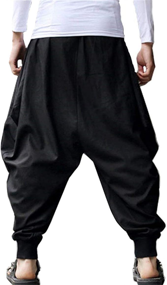 AITFINEISM Men's Drawstring Aladdin Hippie Harem Pants Loose Drop Crotch Trousers