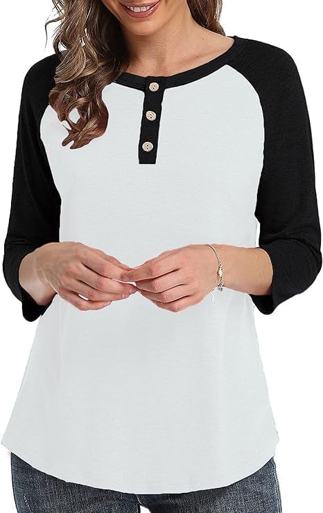 3/4 Sleeve Shirts for Women Crewneck Button Down Tunic Tops Raglan T Shirt