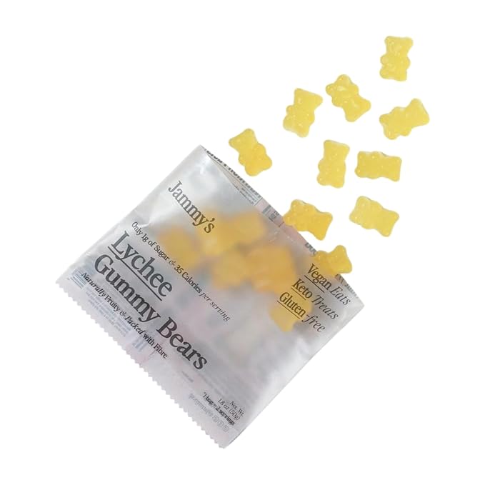 Jammy's™ - Lychee Gummy Bears | Sugar-Free & Vegan-Friendly | Keto-Friendly, Gluten-Free, Low Carb, High Fibre & Naturally Fruity | Delicious, Soft & Chewy | Box of 6 x 50g Bags