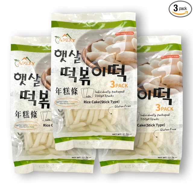 Apexy Korean Rice Cake Tteokbokkik Rice Cake, Chewy Tteok, Authentic Korean Street Food Snack, Perfect with Cheese and Ramen Noodles, No MSG, No Corn Syrup, Vegan and Gluten Free, Non-GMO 21.16 oz Stick Type Pack of 3