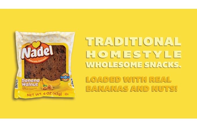 Nadel - Naturally Delicious Banana Nut bread, 24 Pack, Fresh Bananas, Crunchy Walnuts, Lunch snack breakfast bars Natural fresh brand, Cake Slices