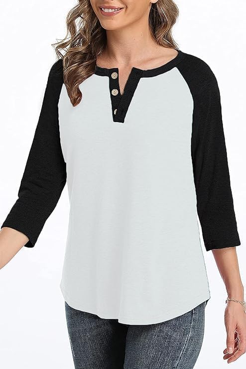 3/4 Sleeve Shirts for Women Crewneck Button Down Tunic Tops Raglan T Shirt