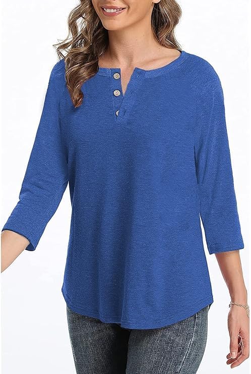 3/4 Sleeve Shirts for Women Crewneck Button Down Tunic Tops Raglan T Shirt