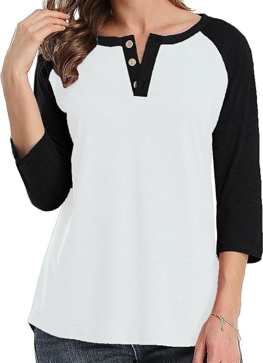 3/4 Sleeve Shirts for Women Crewneck Button Down Tunic Tops Raglan T Shirt