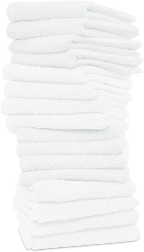 16 Pack Cotton Washcloths for Body and Face, 12x12 Inches, Pack of 16, Multipurpose and Lightweight Wash Clothes for Face. Highly Absorbent - Travel and Bath Towel (White)