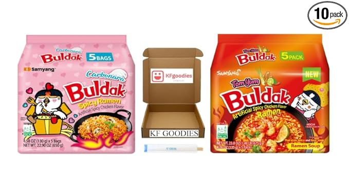 Samyang Buldak Hot Spicy Chicken Ramen Noodle Korean Stir-Fried Ramen (10 Pack - Carbonara & Tom Yum) 5 Pack Each