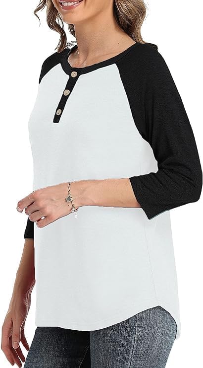 3/4 Sleeve Shirts for Women Crewneck Button Down Tunic Tops Raglan T Shirt