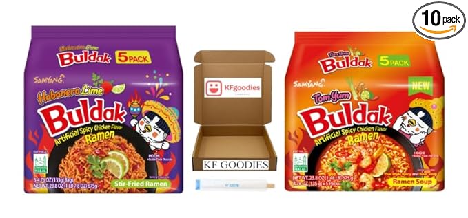 Samyang Buldak Hot Spicy Chicken Ramen Noodle Korean Stir-Fried Ramen (10 Pack, Habanero Lime & Tom Yum) - 5 Pack Each