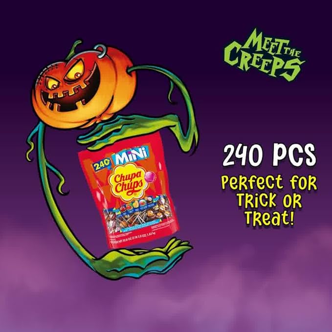 Chupa Chups Mini Lollipop Halloween Trick or Treat Candy Variety Assortment, 5 Flavors, Individually Wrapped Bulk Candy for Adults & Kids, 50.8 oz Bag (240 Suckers)