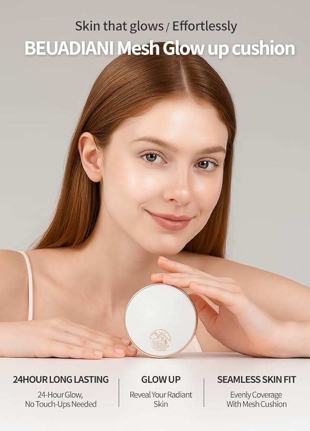 Beaudiani Mesh Glow Cushion Foundation Dewy Korean Cushion with Gemstone Complex & Skincare Benefits (12g) (#03 Deep Cover Daily (Shade #23-24))