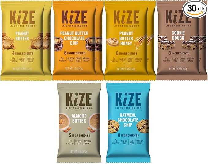 KiZE Energy Bars - Gluten Free, Dairy Free, Non-GMO, and High Protein Meal Replacement Energy Bars, Clean and Simple Food Ingredients - Best Sellers Variety Pack, 7-10g High Protein Snacks, (30 Count)