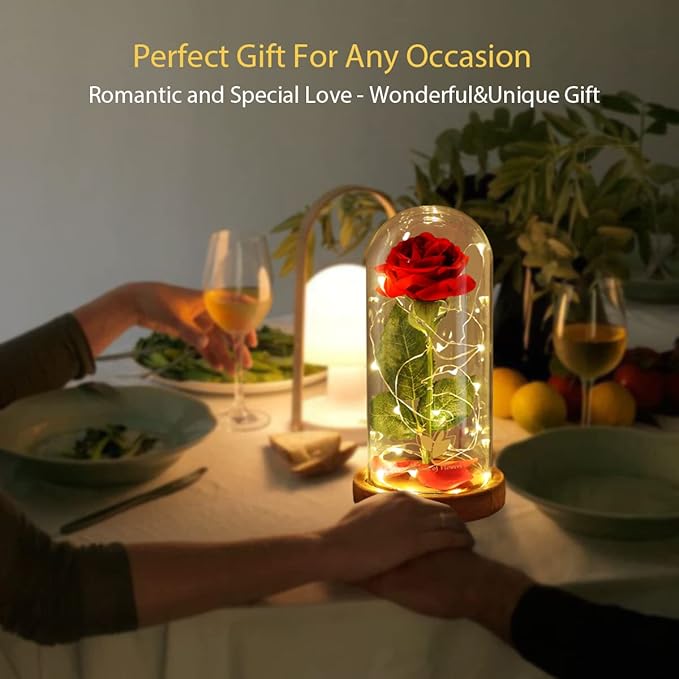 Christmas Day Rose Gifts for Her,Beauty and The Beast Rose in Glass Dome Lasts Forever Red Rose with LED Lights,Gifts for Women Mom Wife,Anniversary,Thanksgiving Gifts,Wedding Home Decor