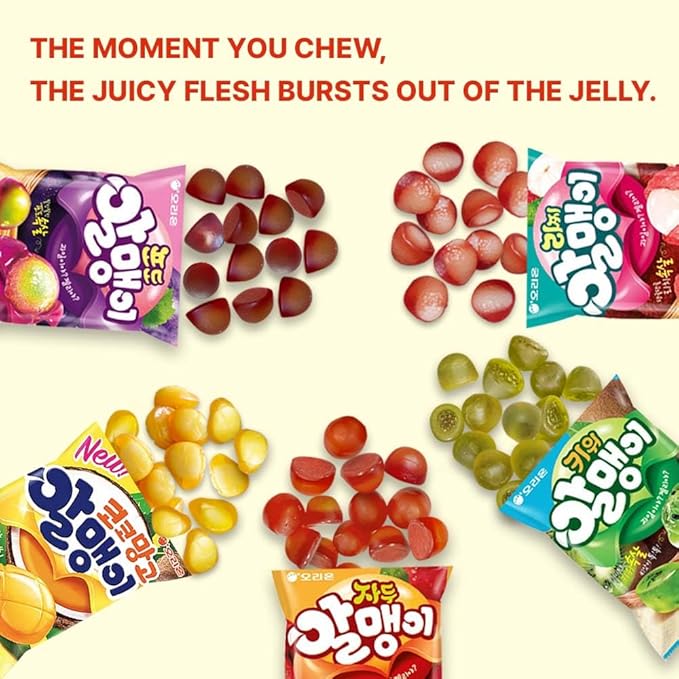 Korean Fruit Jelly Candy – Assorted Chewy Gummy Snacks – 5 Fruity Flavors (Grape, Plum, Lychee, Kiwi, Mango) – Individually Wrapped – Perfect for Kids & Adults – 알맹이젤리 (5 Flavor Mix–2.4oz(67g) × 5pack)