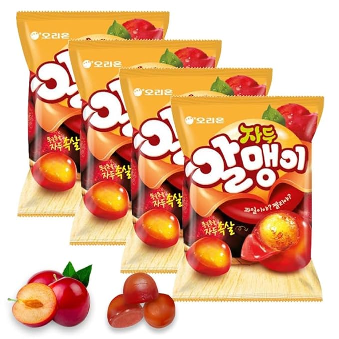 Korean Fruit Jelly Candy – Assorted Chewy Gummy Snacks – 5 Fruity Flavors (Grape, Plum, Lychee, Kiwi, Mango) – Individually Wrapped – Perfect for Kids & Adults – 알맹이젤리 (Plum–2.86oz(81g) × 4pack)