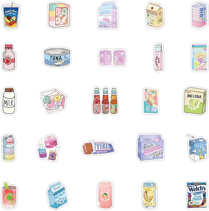100pcs Cute Snack, Food, and Drink Stickers Set - Kawaii Small Stickers for Teens, Boys, Girls, and Adults
