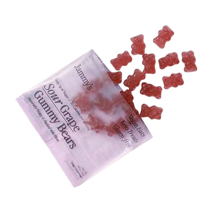 Jammy's™ - Sour Grape Gummy Bears | Sugar-Free & Vegan-Friendly | Keto-Friendly, Gluten-Free, Low Carb, High Fibre & Naturally Fruity | Delicious, Soft & Chewy | Box of 6 x 50g Bags