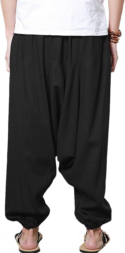 AITFINEISM Men's Drawstring Aladdin Hippie Harem Pants Loose Drop Crotch Trousers