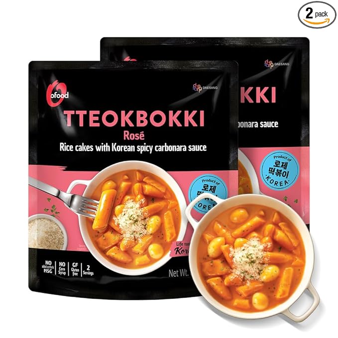 Chung Jung One O'Food Rose Spicy Carbonara Tteokbokki, Gluten-Free Korean Rice Cakes, Authentic Spicy Korean Street Food Snack, Perfect with Cheese and Ramen Noodles, Ready to Eat, No MSG, No Corn Syrup, Pack of 2