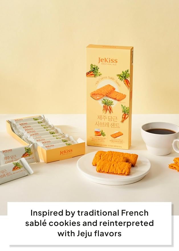 Korean Food JEKISS Jeju Carrot Sable Sand Cookies 10ea – Crunchy Butter Biscuit with Jeju Carrot Cream, Individually Wrapped Pieces, Perfect for Gifting (180g)