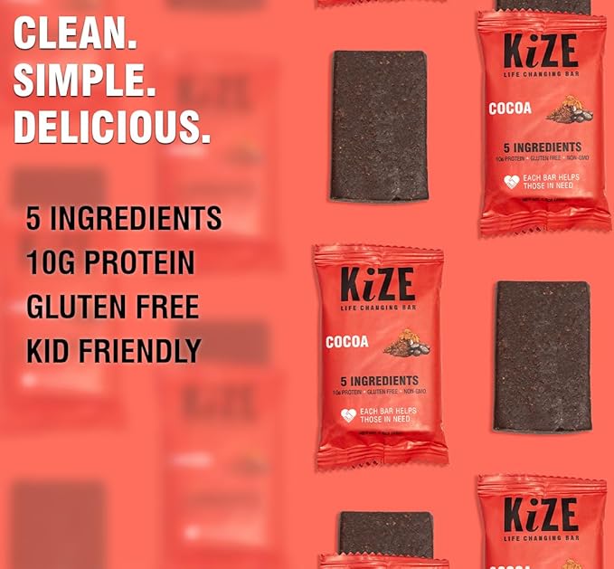 KiZE Energy Bars - Gluten Free, Dairy Free, Nut Free, Non-GMO, and High Protein Meal Replacement Energy Bars, Meal Bar, Clean and Simple Food Ingredients - Cocoa, 9g High Protein Snacks, (30 Count)