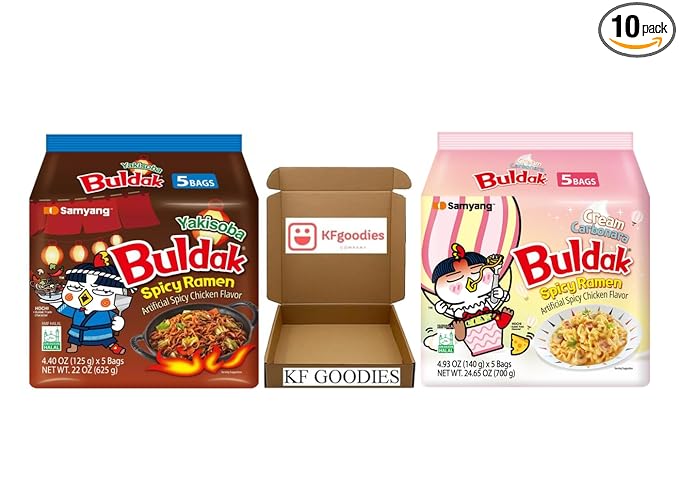 Samyang Buldak Hot Spicy Chicken Ramen Noodle Korean Stir-Fried Ramen (10 Pack - Cream Carbonara & Yakisoba) 5 Pack Each