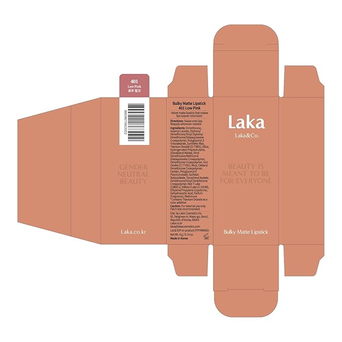 Laka Bulky Matte Lipstick 4g/0.14oz., Long Wear, Non-Drying Lip Stain Stick with High Pigmentation, Voluminous Lips, Vegan, K-Beauty (#401 Low Pink)