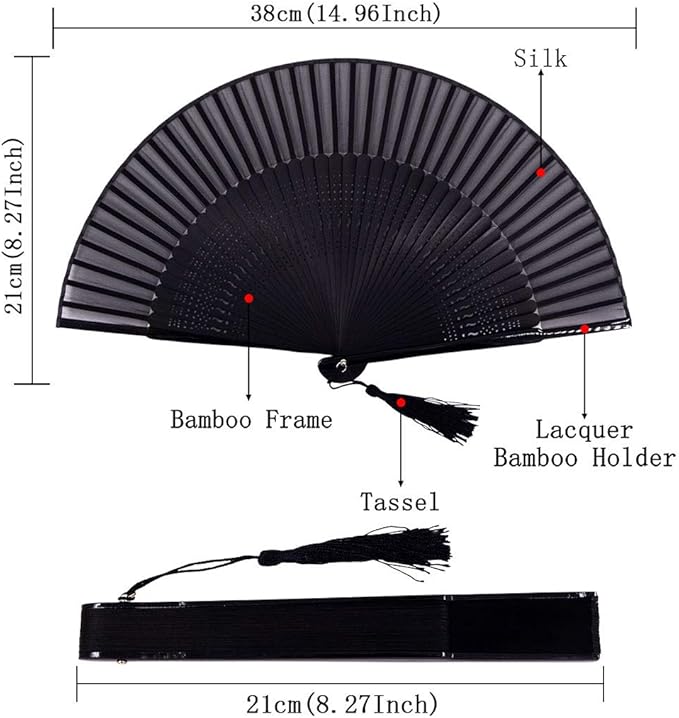 Amajiji 8.27"(21cm) Hand Held Bamboo Silk Folding Fan Hand Fan,Chinese/Japanese Charming Elegant Vintage Retro Style,Women Ladys Girls Best Gifts (Black-2)