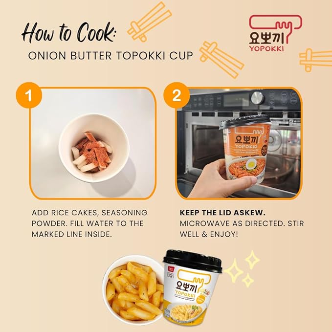 Yopokki Instant Tteokbokki Cup (Onion Butter, 2 Cups) Korean Street food with Onion Butter flavored sauce Topokki Rice Cake - Quick & Easy to Prepare
