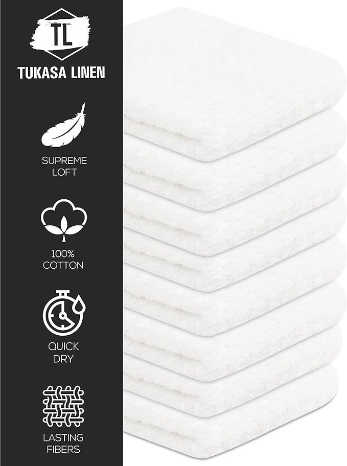 16 Pack Cotton Washcloths for Body and Face, 12x12 Inches, Pack of 16, Multipurpose and Lightweight Wash Clothes for Face. Highly Absorbent - Travel and Bath Towel (White)