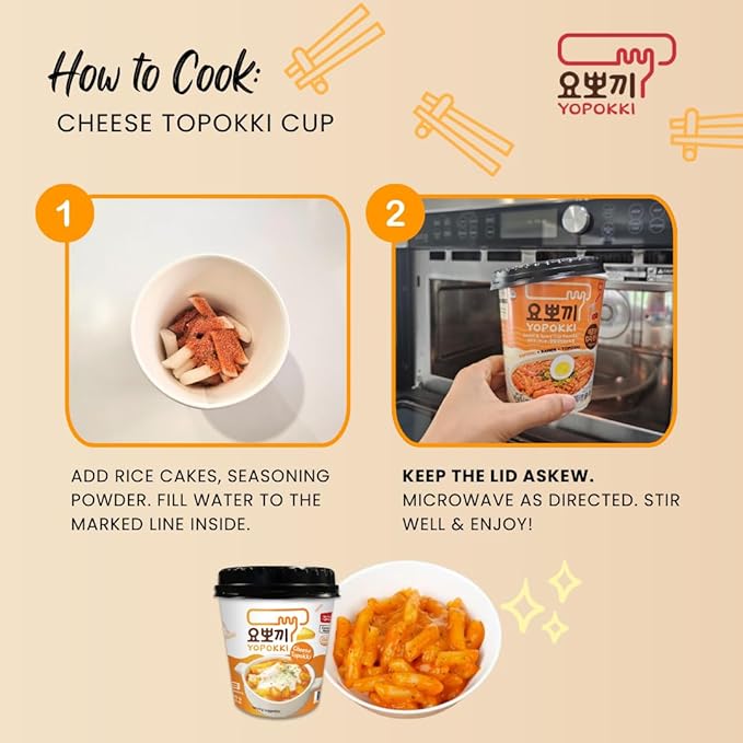 Yopokki Instant Tteokbokki Cup (Cheese, Cup of 2) Korean Street food with cheese flavored sauce Topokki Rice Cake - Quick & Easy to Prepare