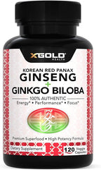 Authentic Korean Red Panax Ginseng 1200mg + Ginkgo Biloba 160mg – High Ginsenosides Extra Strength – Energy, Memory, Focus & Brain Health – Vegan Capsules for Men & Women – 120 Count
