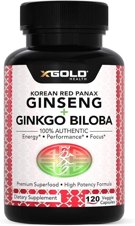 Authentic Korean Red Panax Ginseng 1200mg + Ginkgo Biloba 160mg – High Ginsenosides Extra Strength – Energy, Memory, Focus & Brain Health – Vegan Capsules for Men & Women – 120 Count