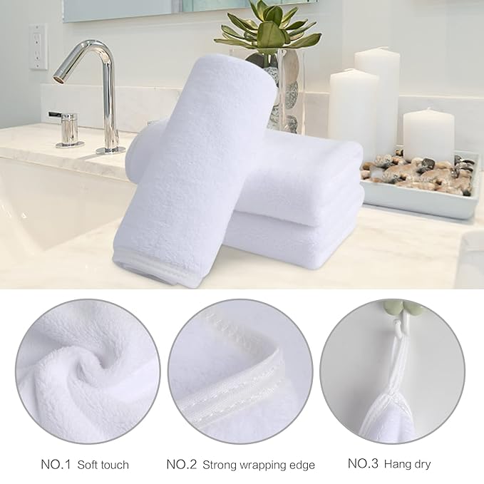 SINLAND Microfiber Face Cloths Reusable Makeup Remover Washcloths Super Soft and Absorbent Fingertip Face Towels for Sensitive Skin Women 12 x 12 Inch 3 Pack White