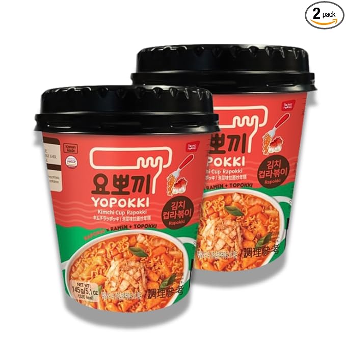 Yopokki Instant Rabokki Cup (Kimchi, 2 Cups) Korean Street food with Kimchi flavored sauce Ramen Noodle Topokki Rice Cake - Quick & Easy to Prepare