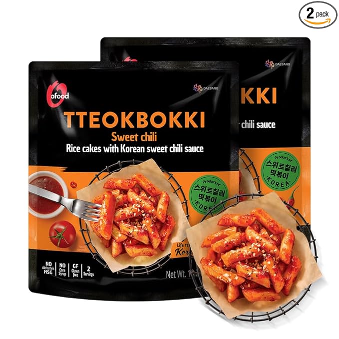 O’Food Tteokbokki Korean Rice Cakes – [Sweet Chili | Pack of 2] – Gluten-Free (Except BBQ), Healthy/ Savory/ Bold/ Fiery, 0 Cholesterol/ 0 Trans Fat/ No MSG/ No Corn Syrup, Spicy Street Snack, Ready in Minutes