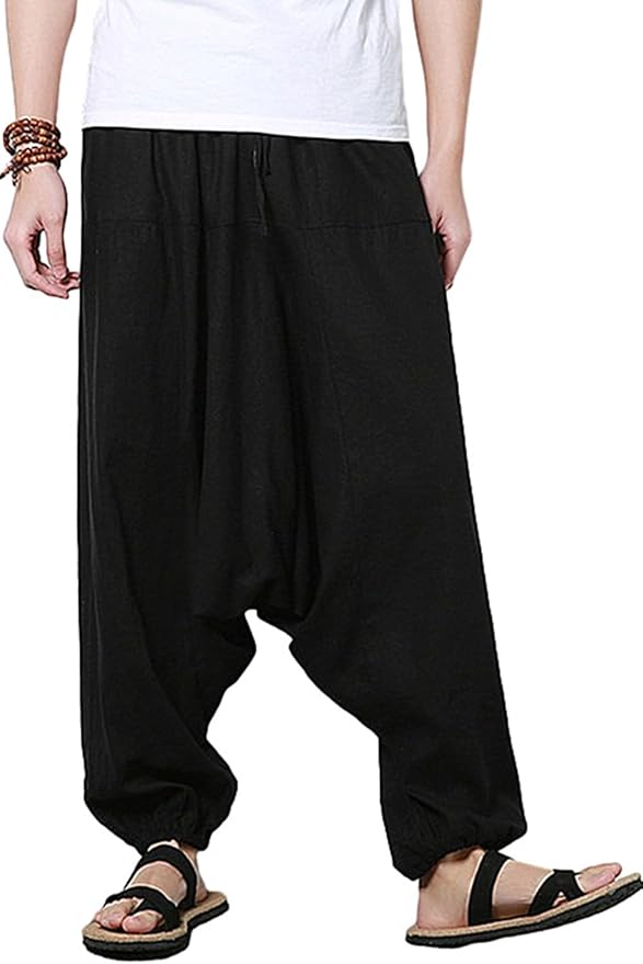 AITFINEISM Men's Drawstring Aladdin Hippie Harem Pants Loose Drop Crotch Trousers