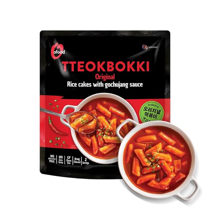 O’Food Tteokbokki Korean Rice Cakes – [Original Gochujang | Pack of 1] – Gluten-Free (Except BBQ), Healthy/ Savory/ Bold/ Fiery, 0 Cholesterol/ 0 Trans Fat/ No MSG/ No Corn Syrup, Spicy Street Snack, Ready in Minutes