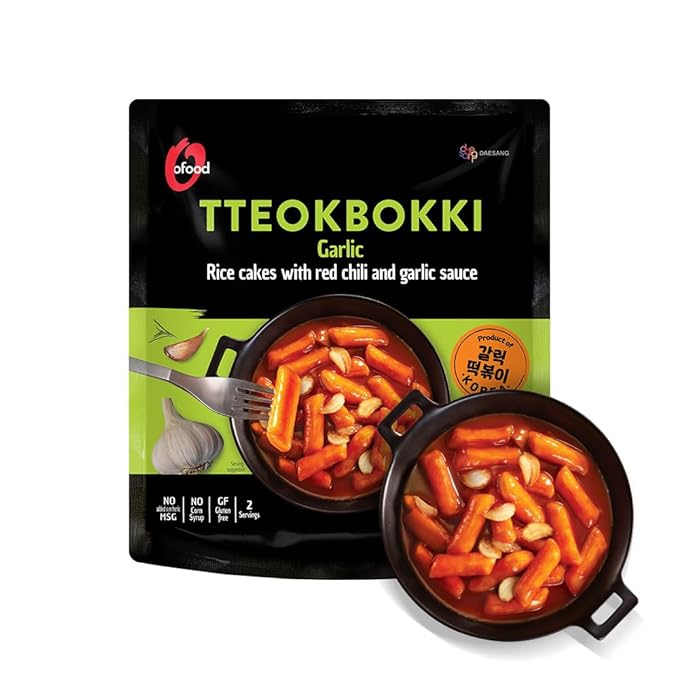 O’Food Tteokbokki Korean Rice Cakes – [Garlic | Pack of 1] – Gluten-Free (Except BBQ), Healthy/Savory/Bold/Fiery, 0 Cholesterol/ 0 Trans Fat/No MSG/No Corn Syrup, Spicy Street Snack, Ready in Minutes
